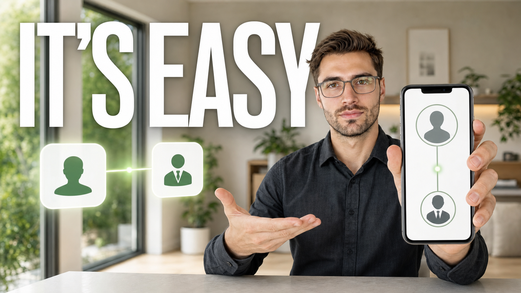 Copy trading video thumbnail with the text it's easy and connected trading icons